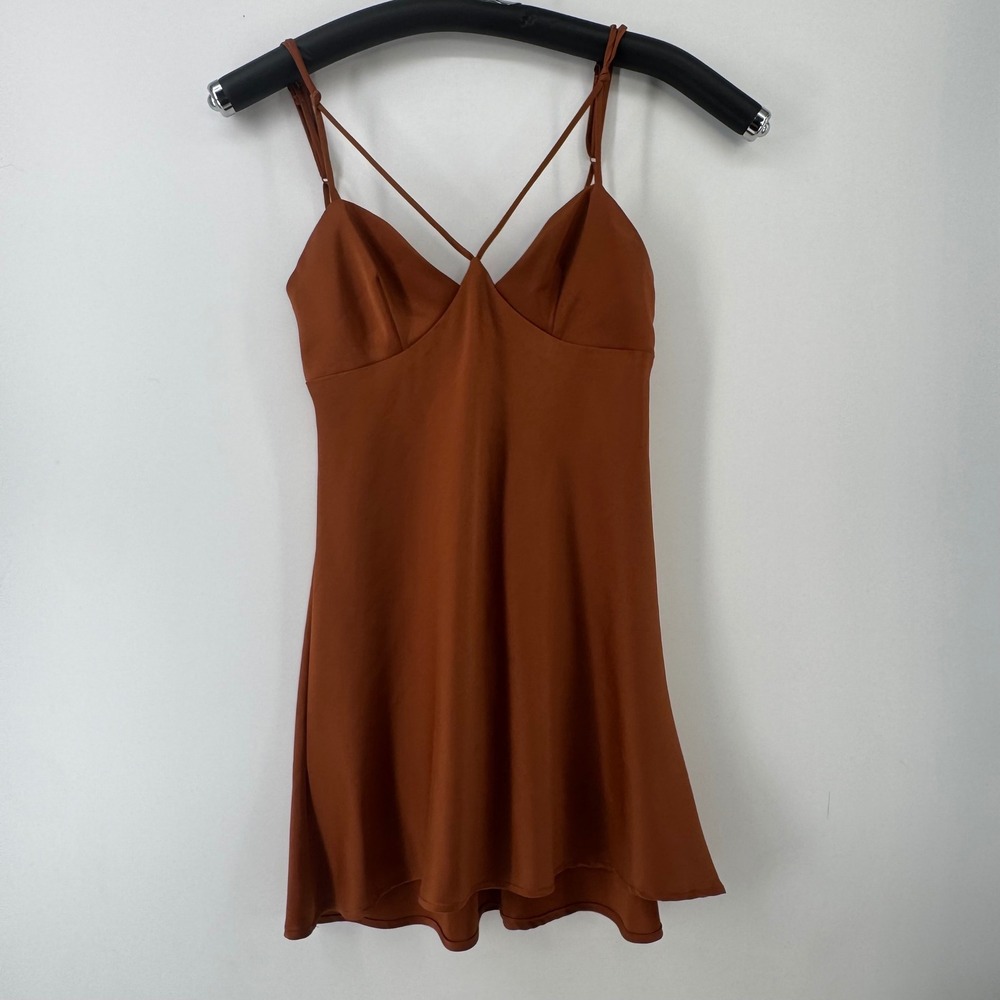 Urban Outfitters Rust Orange Satin Strappy V-Neck Mini Slip Dress Womens Medium